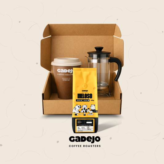 Kit de Regalo Café GADEJO: Prensa Francesa + Vaso Reutilizable + Bourbon Rosado Honey 350 gr