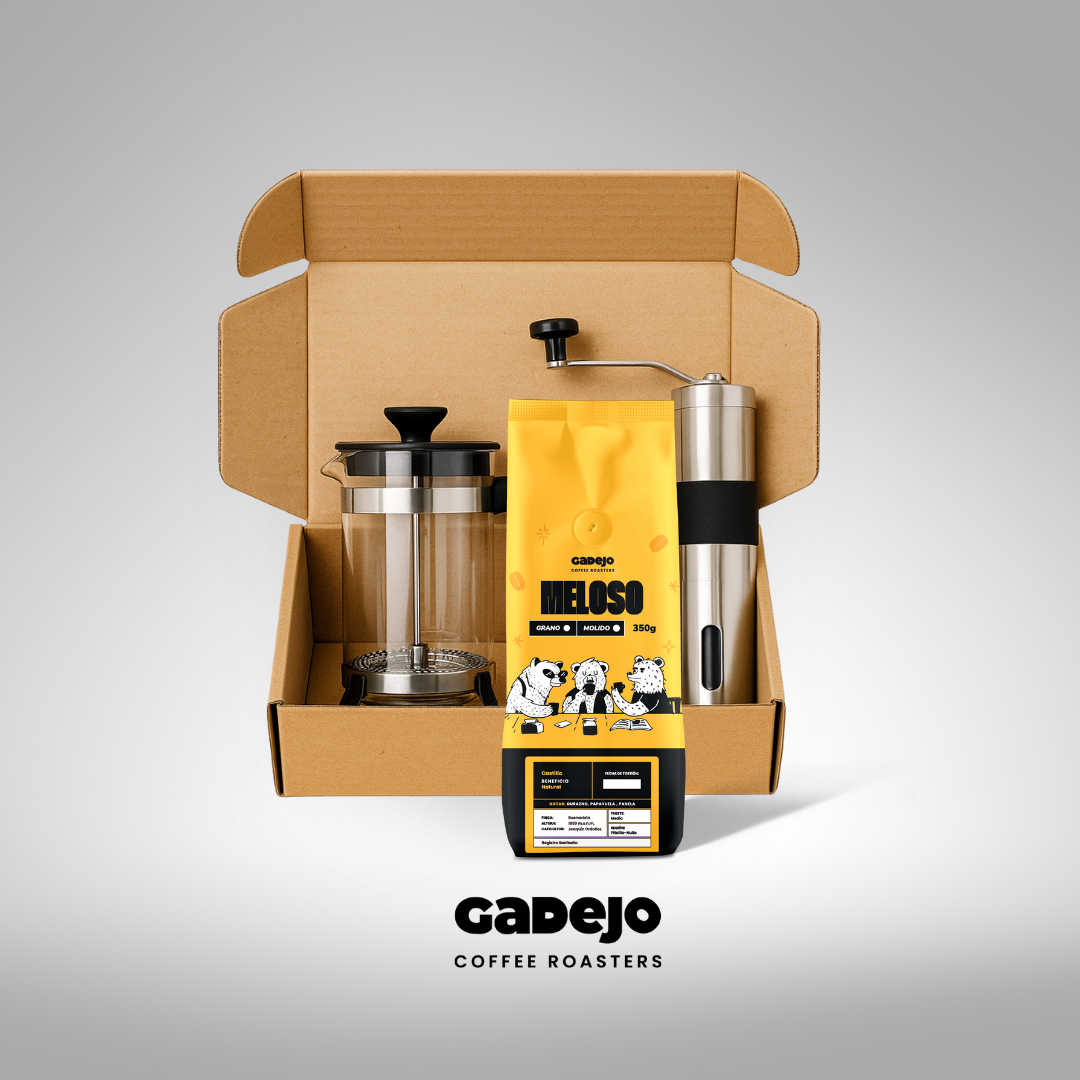 Kit Café Prensa Francesa + Molino Manual Cerámico + Bourbon Rosado Honey 350 gr | GADEJO