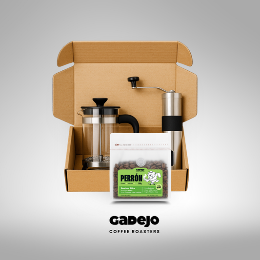 Kit Café Prensa Francesa + Molino Manual Cerámico + Bourbon Sidra Natural 250 gr | GADEJO